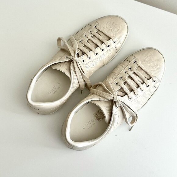 GUCCI Women's Ace Cream Embossed Leather GG Logo Low Top Sneakers Size 37.5 - Picture 3 of 12